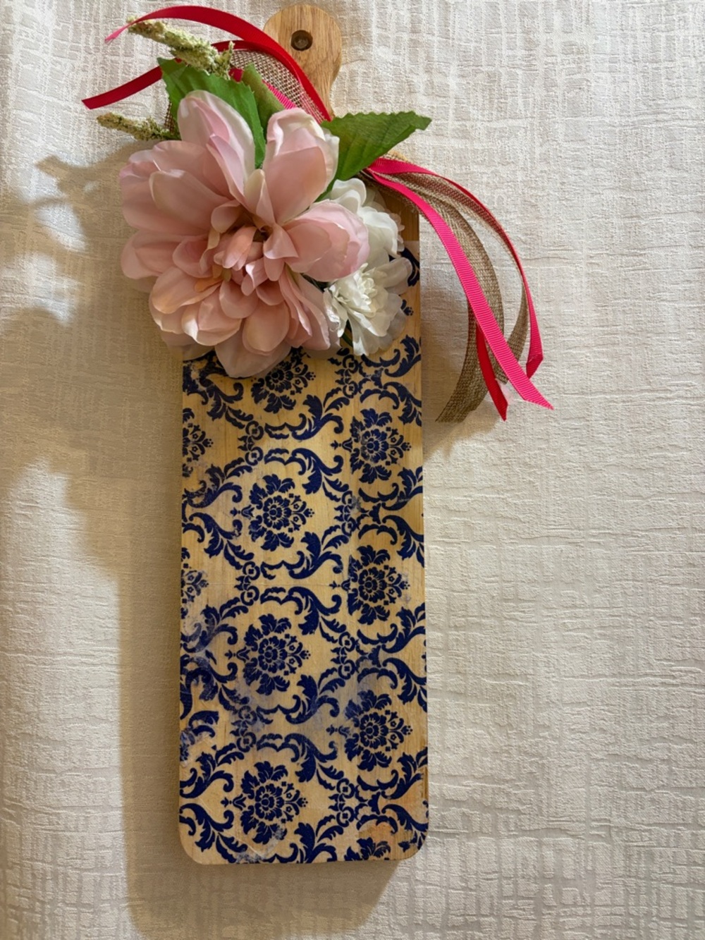 Decorative Wooden Paddle with Navy Damask and Pink Floral Accent